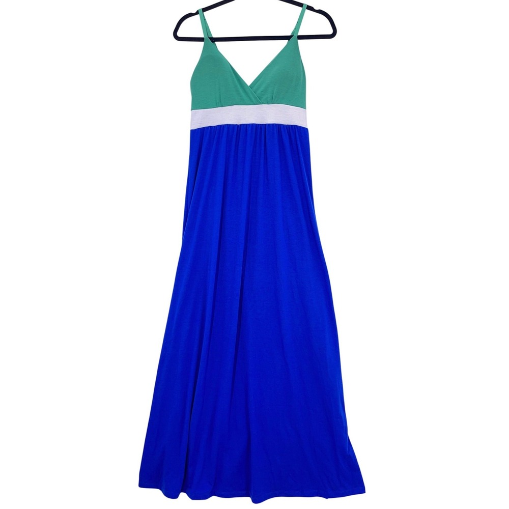 Stature Blue Green Colorblock Maxi Dress S V-Neck Adjustable Straps Empire Waist
